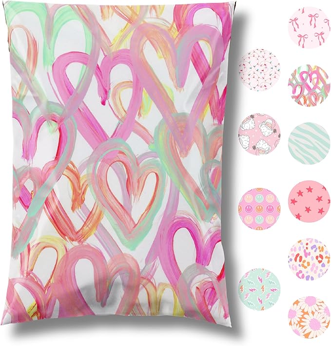 Pretty Package Store 10x13 Designer Poly Mailer 100 Pack Heavy Duty Waterproof Self Seal Shipping Bags for Small Business Large Mailing Envelopes Bulk Tear Resistant Cute Packaging Happy Hearts