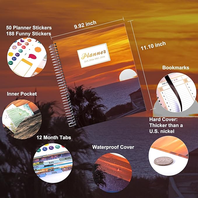 CAGIE 2026 Monthly Planner: 12 Months Jan 2026 - Dec 2026 Calendar Planner Weekly and Monthly 8.5" x 11" Large Spiral Planners for Women Hourly Daily Yearly Agenda with Tabs Stickers, Sunset