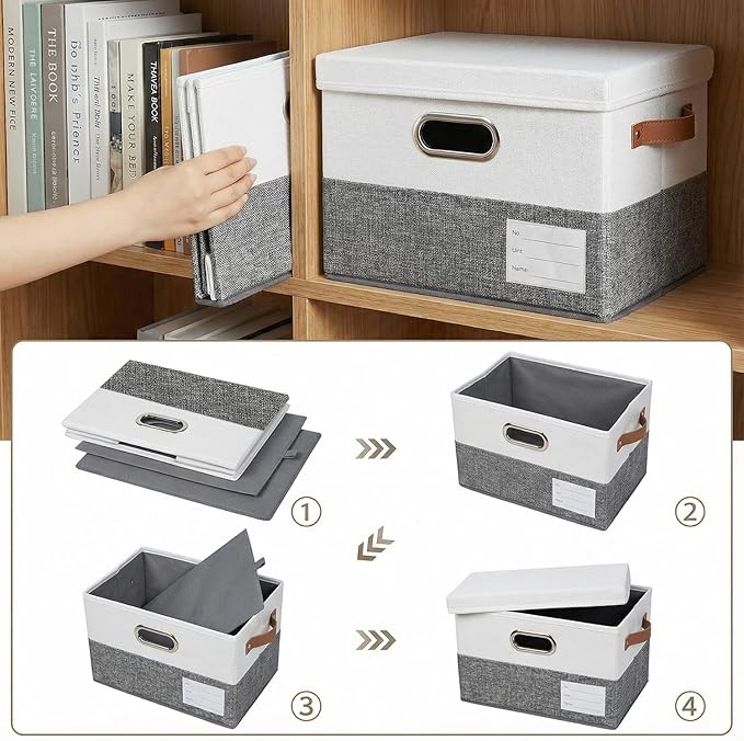 PRANDOM Storage Bins with Lids [3-Pack] Linen Fabric Foldable Storage Boxes Organizer Containers Baskets Cube with Cover for Bedroom Closet Office Grey&White（11.4X8.6X6.7