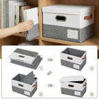 PRANDOM Storage Bins with Lids [3-Pack] Linen Fabric Foldable Storage Boxes Organizer Containers Baskets Cube with Cover for Bedroom Closet Office Grey&White（11.4X8.6X6.7