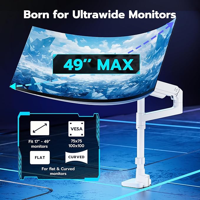 ARES WING Single Monitor Arm Desk Mount for 17-49 Inch Ultrawide Monitors, Heavy Duty Single Monitor Arm Holds 44 lbs, Full Motion Gas Spring Vertical Desk Mount, 75/100 VESA Mount, White