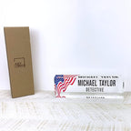 Artblox Office Desk Name Plate Personalized | Custom Name Plates for Desks | Us Flag Design On Clear Acrylic Glass | Office Desk Decor - (8" x 2.5")