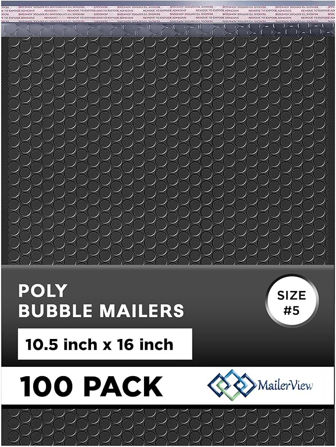 Black 10.5x16 Inch Large Poly Bubble Mailers #5 | Padded Envelopes with Self Seal | Air Lined Cushioned Bubble Mailer | Usable Size 10.5x15 | 100 Pack Bulk | Lightweight shipping Bags
