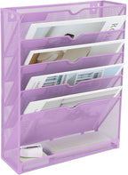 EASEPRES 6 Tier Mesh Hanging Wall File Organizer, Desk Vertical Mail Paper Document Folder Holder Rack with Bottom Tray and Nametag Label for Office Home School, Light Purple