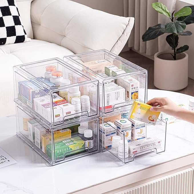 Sgoostood 2 Pack Stackable Organizer Drawers, Clear Desk Storage Box,Transparent Drawer in Home, Office and Kitchen Pull Out Organizer Bins for Make Up, Pen, Desktop Stationary (2Extra Large)