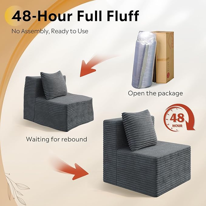 WLIVE 32'' Boneless Couch for Living Room, Modular Sectional Sofa, Cloud Memory Foam Couch L Shape with Chaise, Grey