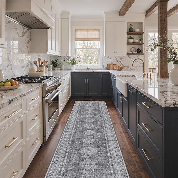 GENIMO Runner Rug 2x7 Non Slip Machine Washable Hallway Runner Rug, Low Pile Lightweight Rugs for Entryway, Hallway, Kitchen and Corridor, Vintage Grey