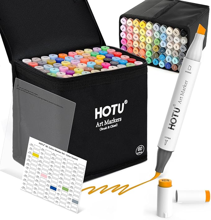 HOTU Alcohol Markers Brush Tip -60 Virant Colors Daul Tips Art Markers Set, for Artist Adults Coloring Illustrations, with Seamless Blending, Colorless Blender, Anti-Bleeding Pad, &Premium Ink