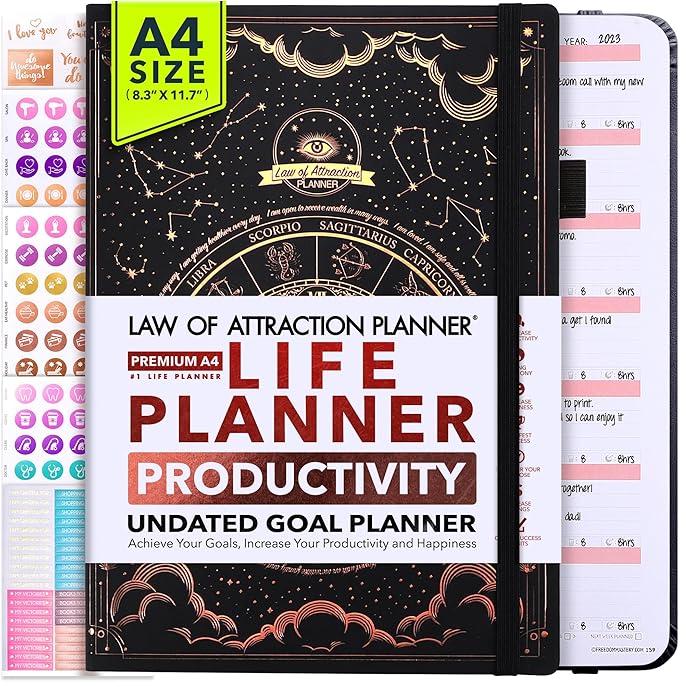Life Planner - Undated Weekly & Monthly Planner, 12-Month Journey to Increase Productivity | Gratitude Journal, Life Organizer & Goal Journal | Include Foldable Vision Board, Habit Tracker & Stickers