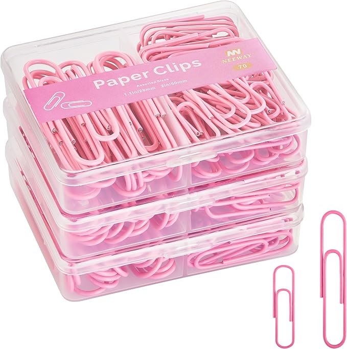 NEEWAY Colorful Paper Clips Assorted Sizes, Small and Large Paperclips, 210 Count, 3 Pack of 70 (Rose Pink)