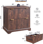 JXQTLINGMU 2 Drawer File Cabinet with Charging Station, 30" Fluted Lateral File Cabinet w/Files Hanging Rod for Letter/Legal/A4, Large Tabletop for Printer, Office Wood Printer Cabinets, Dark Walnut