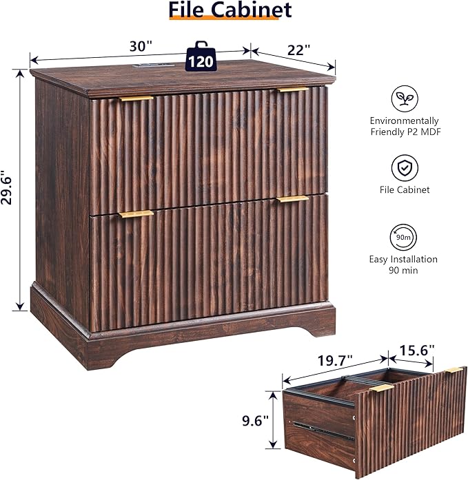 JXQTLINGMU 2 Drawer File Cabinet with Charging Station, 30" Fluted Lateral File Cabinet w/Files Hanging Rod for Letter/Legal/A4, Large Tabletop for Printer, Office Wood Printer Cabinets, Dark Walnut