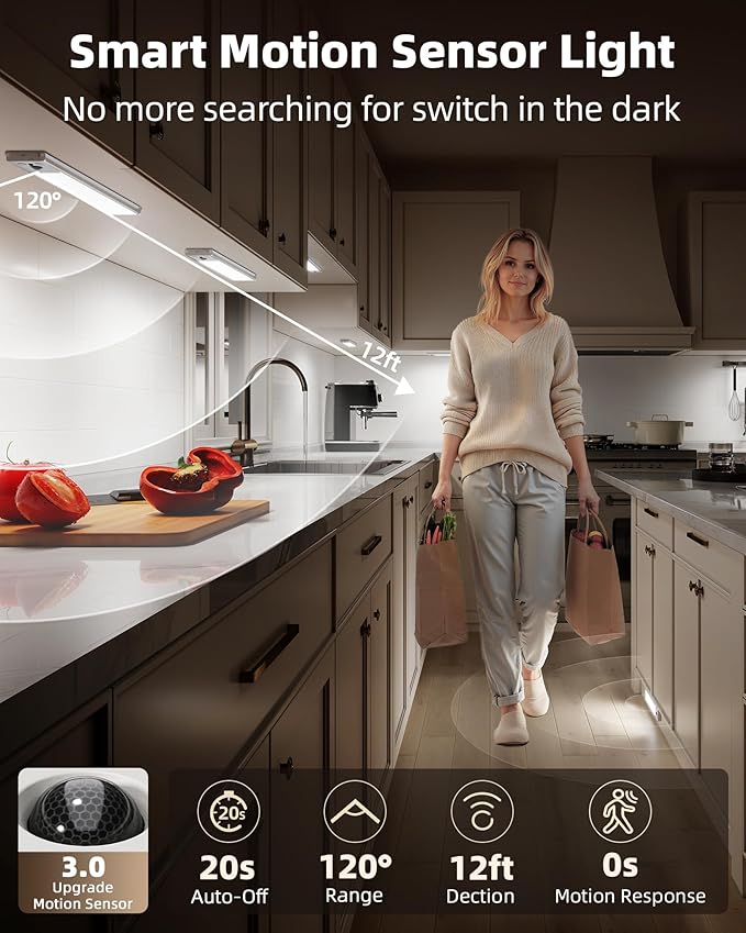 EZVALO 5 Pack Under Cabinet Lighting, 2400mAh Rechargeable Motion Sensor Light, 10inch Magnetic Closet Lights with Dimmable & 3 Color Temps, Wireless Motion Activated Lights with Remote for Kitchen