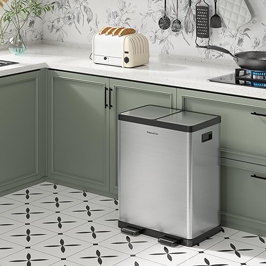 SolaceCove Kitchen Trash Can with Lid, 2 x 8 Gallon Garbage Can, with Soft-Close Foot Pedal and Removable Inner Bucket, 60 Liter Large Stainless Waste Bin for Bathroom Bedroom Home Office
