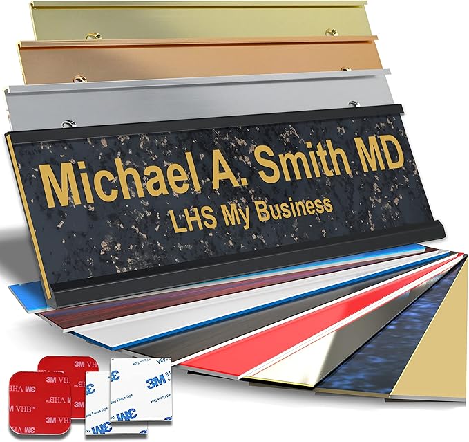 Personalized Name Plate with Choice of Mounting Holders for Walls, Doors, Cubicles, Hanging and More - Custom Charocaol Marble Plastic Gold Letters - USA Made 2x6 - S6