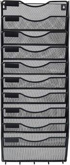 EasyPAG 10 Pocket Mesh Wall File Organizer with Key Hooks, Hanging Paper Folder Holder with Classify Label, Vertical Wall Mount Mail Organizer for Office Home Classroom, Black