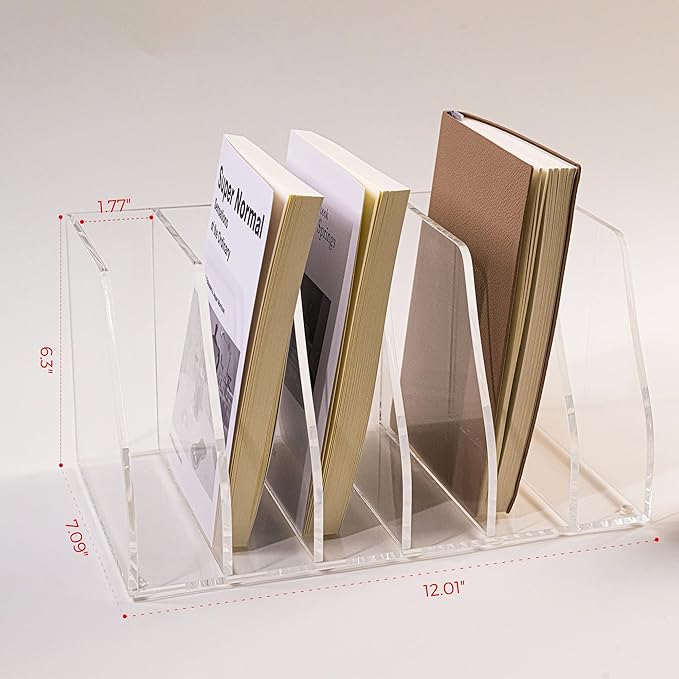 AIMOLLY Acrylic Magazine File Holder, 6 Vertical Compartments Desk Document Sorter Organizer, Clear Folder Rack Binder for Office/Home/Classroom, for Documents, Tablet, Magazines, Books & Accessories