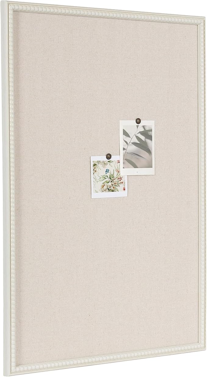 Kate and Laurel Makenna Traditional Linen Fabric Pinboard with Stunning Beaded Frame, 24x36, White