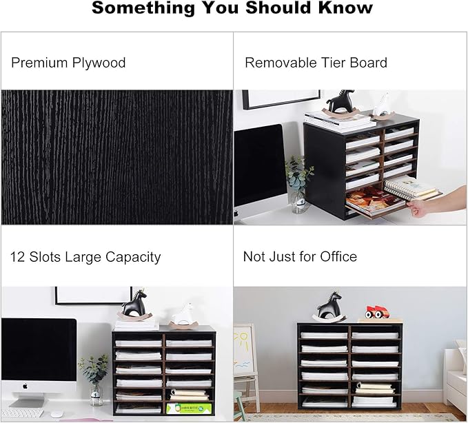 TQVAI Wood Literature Organizer, 12 Slots Hold 6000 Sheets A4 Papers, Wooden Desk Paper File Storage Organizer with Adjustable Shelves, Mailbox Cubbies for Office Home Classroom, Black/Archaize