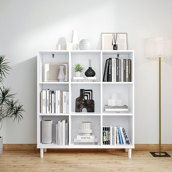 Chyanmoo Wood Cube Storage Organizer White Bookshelf - 3-Tier Freestanding Storage Cabinet with Legs for Home Office, 9-Cubes Open Shelf