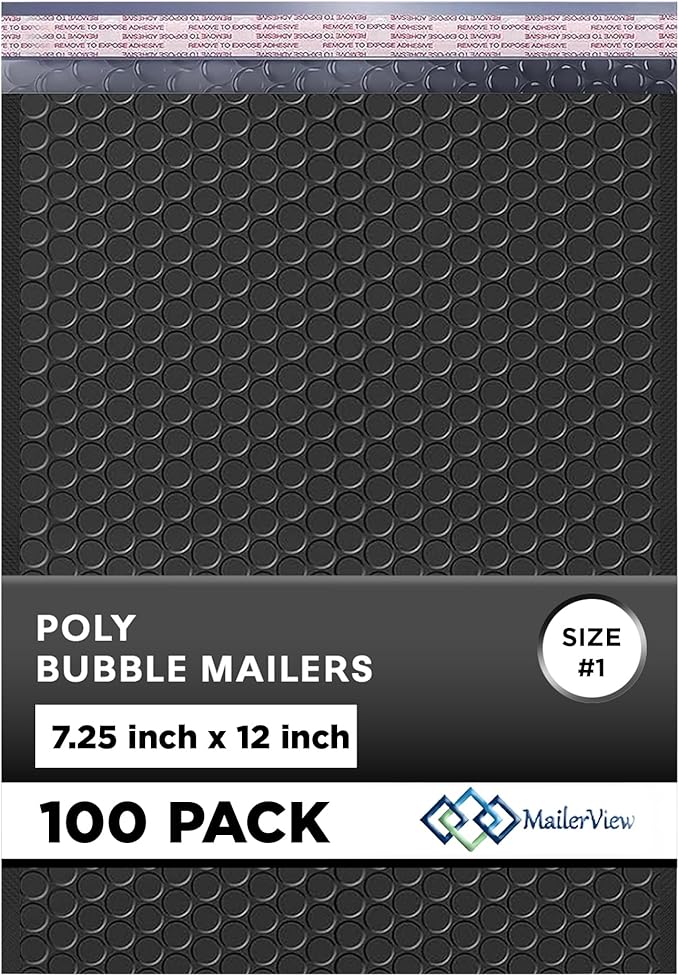Black Poly Bubble Mailers 7.25x12 inch #1 | Self Seal Padded Envelopes | Cushioned Bubble Mailer | Usable Size 7.25x11 | WaterProof | Lightweight mailing Shipping Bags | 100 Pack Bulk | Made in USA