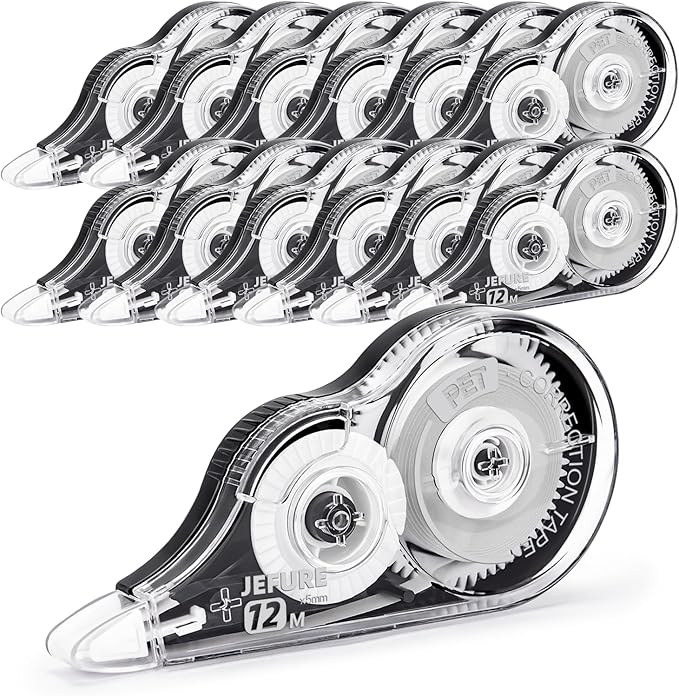 JEFURE 12 Pcs Correction Tape, 39.37 Ft White Wrong Out Tear-Resistant Bulk, Instant Corrections Easy to Use Applicator for School, Office, Note Taking, Journal (Tape Width 0.2 in，Clear)