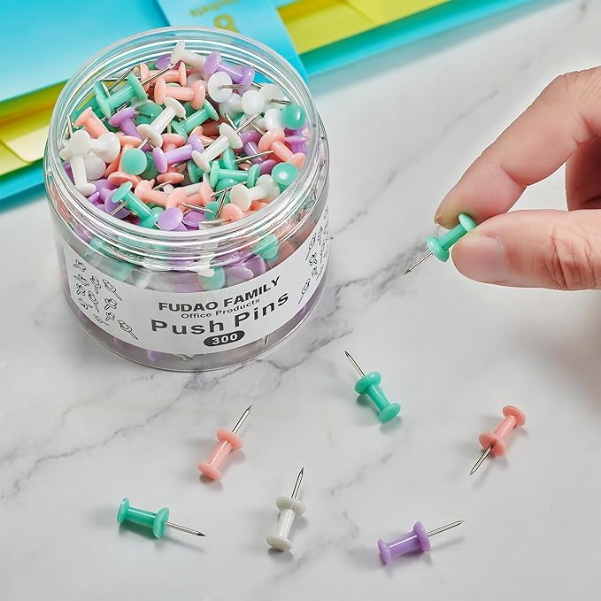 FUDAO FAMILY 300pcs Push Pins for Bulletin Board, Thumb Tacks for Wall Corkboard, Map Pins - Home Office School Craft Projects Plastic Head Steel Push Pin (Multi Color)