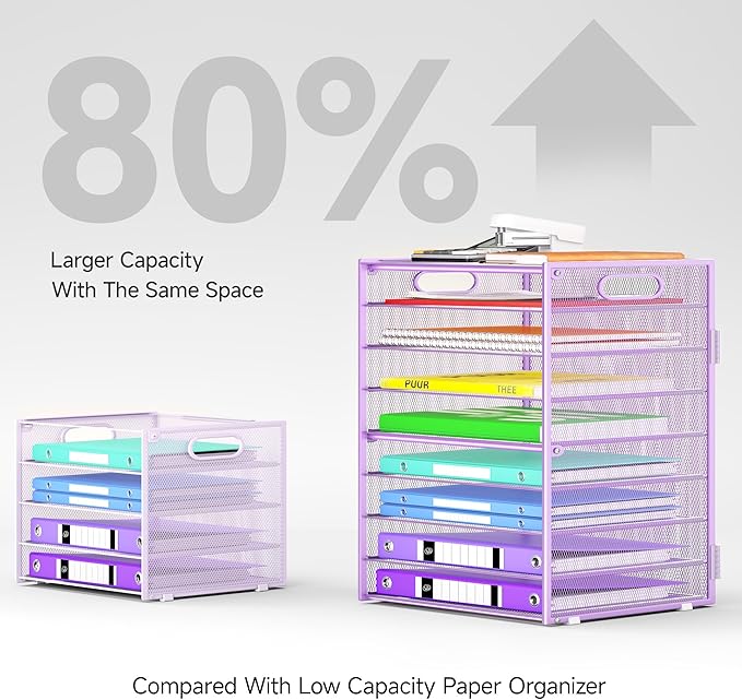 Cawukege 9 Tier Paper Organizer with Handle, Large Capacity Desk Organizer Mesh File Folder Letter Paper Tray Desktop Document Sorter for Classroom, School, and Office Accessories Organization- Purple