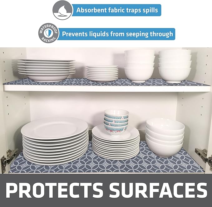 Drymate Premium Luxury Shelf & Drawer Liner, Thick Cushioned Fabric, Non-Adhesive, Absorbent, Waterproof, Slip-Resistant, Liners for Kitchen Cabinets (USA Made)(12”x59”)(24-Pack)(IndigoGrey)