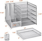 Marbrasse Desk Organizer with File Holder, 5-Tier Paper Letter Tray Organizer with Drawer and 2 Pen Holder, Mesh Desktop Organizer and Storage with Magazine Holder for Office Supplies (Silver)