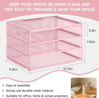 Subekyu Paper Letter Tray Organizer for Desk, Pink Metal Mesh Desk File Sorter Organizer with Handle and 2 Sliding Trays for Home Office School Supplies Organization