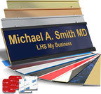 Custom Name Plate with Choice of Mounting for Walls, Doors, Cubicles, Hanging and More - Personalized Navy Blue Plastic Gold Letters - USA Made 2x12 - B10