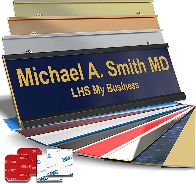 Custom Name Plate with Choice of Mounting for Walls, Doors, Desk Holders, Cubicles, Hanging and More - Personalized Navy Blue Plastic Gold Letters - USA Made 2x8 - B10