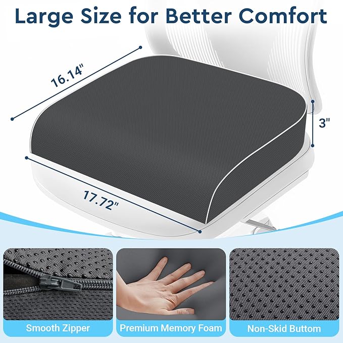 SofterCharm Seat Cushion, Memory Foam Office Chair Cushions for Long Sitting Hours, Chair Pad for Sciatica, Coccyx, Tailbone, Hip Pain & Pressure Relief, Office, Home, Car Seats, Airplane, Gray/Large