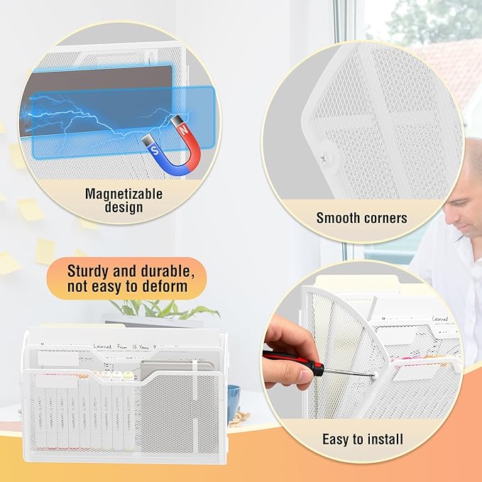Docnest 3 Tier 3 Pack Magnetic Wall Mounted File Holders,Mesh Letter Organizer, Magnetic Hanging Mail Paper Document Organizer for Office, Home, School, White