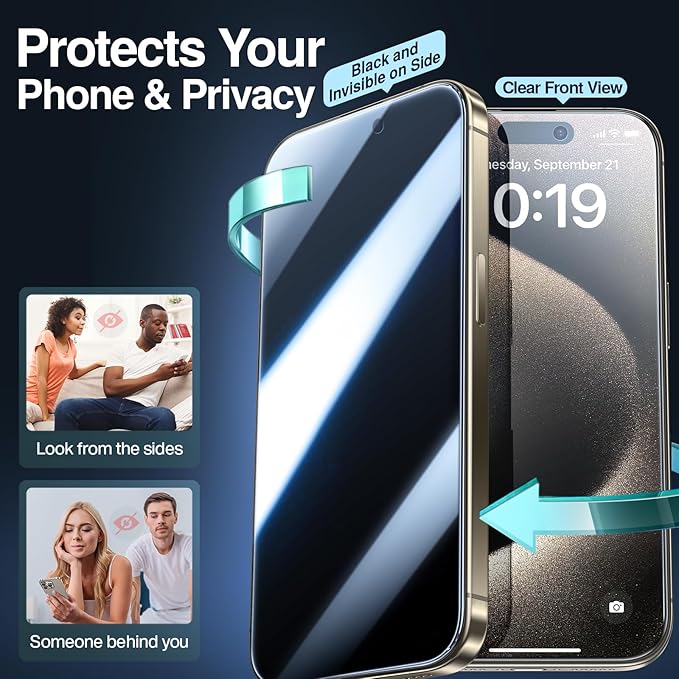 SMARTDEVIL 2 Pack for iPhone 15 Pro Max Privacy Screen Protector, Military Grade Shatterproof, 9H Hardness, Anti-Spy Tempered Glass, Fast & Easy Instlltion, Case Friendly