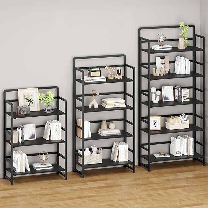 THKKY No Assembly Folding Bookshelf, 5 Tiers Collapsible Book Shelf for Home Office, Vintage Wood Foldable Bookcase Storage Organizer for Living Room Bedroom (Black)
