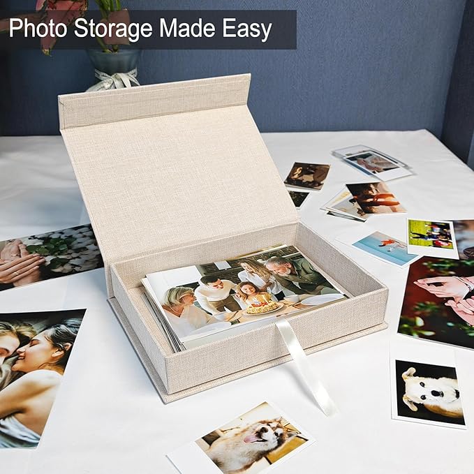 Sprsthai 8x10 Archival Photo Storage Box with Lid – Stackable Memory Keepsake Organizer for Photos, Certificates, Jewelry & Scrapbooking Supplies Beige