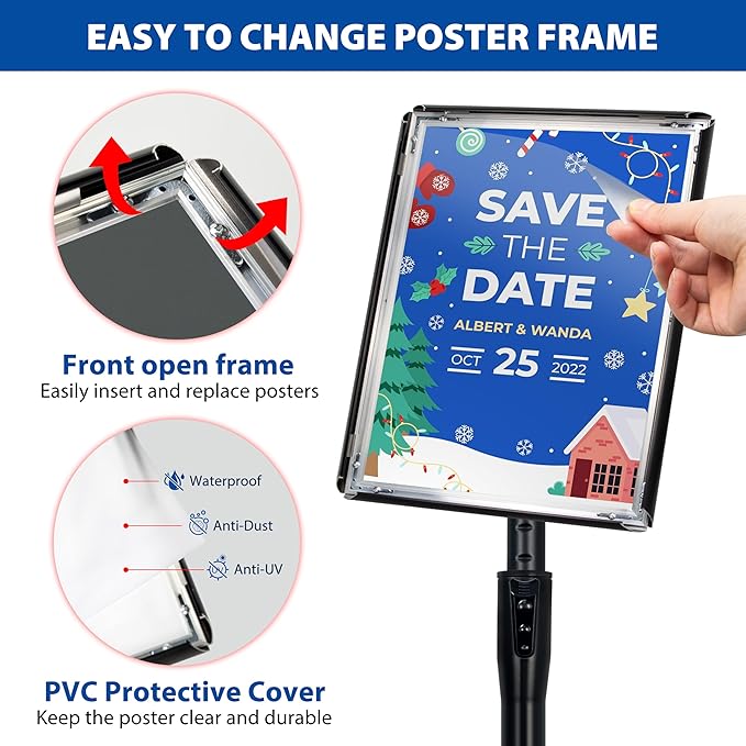 VAIIGO 4 Pack Sign Holder Stands - 8.5 x11 inch Standing Sign Stand, Adjustable Poster Sign Holder Pedestal Floor Sign Stand, Aluminum Snap Open Frame for Vertical & Horizontal View Sign Stand, Black