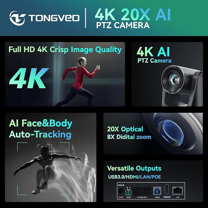 TONGVEO 4K AI PTZ Camera with Auto Tracking and 20X Optical Zoom, Conference Room Webcam with HDMI/USB3.0/LAN/PoE, Ideal for Church Worship, Zoom Meetings, Live Streaming and Education