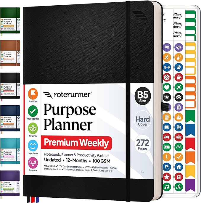 Roterunner Purpose Planner Notebook B5 7.5”x9.8” 12 Month Undated 2026 Daily Weekly and Monthly Productivity Goal Setting Tool for Work Home ADHD Planner for Adults Self Care Journa (Black)