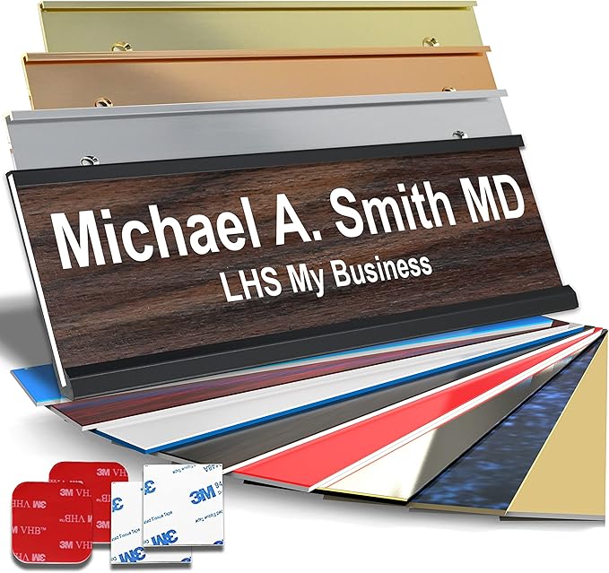 Custom Name Plate with Choice of Mounting for Walls, Doors, Cubicles, Hanging and More - Personalized Natural Teak Plastic White Letters - USA Made 2x10 - N7