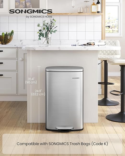 SONGMICS 13 Gallon (50 L) Trash Can, Stainless Steel Kitchen Garbage Can, Recycling or Waste Bin, Soft Close, Step-On Pedal, Removable Inner Bucket, Silver ULTB050E01