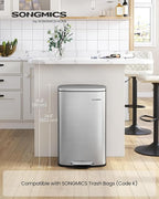 SONGMICS 13 Gallon (50 L) Trash Can, Stainless Steel Kitchen Garbage Can, Recycling or Waste Bin, Soft Close, Step-On Pedal, Removable Inner Bucket, Silver ULTB050E01
