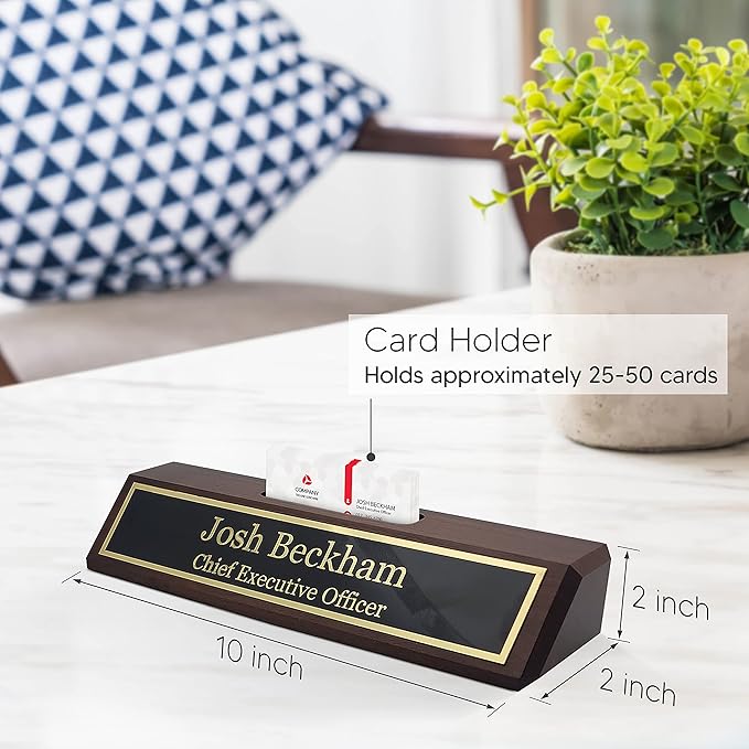 Business Wood Name Plate for Desk | Custom Desk Name Plate Personalized Gift for Office, The Perfect Engraved Name Plaque by Engraving International (2" x 10" with Card Holder, Walnut Wood)