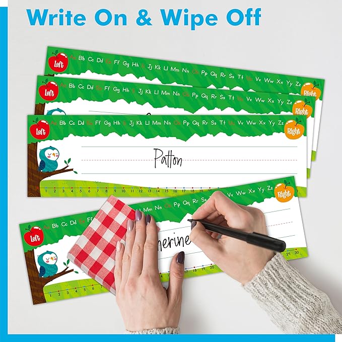 40 PCS Desk Name Tags, Erasable, Reusable & Waterproof Desk Nameplates with Alphabet, Number Line 1-30 Traditional Manuscript Name Plate for Classroom School Student (12” x 3.5”)