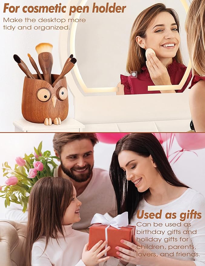 WODTILIFE Cute Owl Pen Holder for desk and walnut Phone Stand, Fun ebony pencil holder, magnetic rotating eyes, Single solid wood hollow design, for Office accessories School Home and Holiday Gifts.