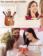 WODTILIFE Cute Owl Pen Holder for desk and walnut Phone Stand, Fun ebony pencil holder, magnetic rotating eyes, Single solid wood hollow design, for Office accessories School Home and Holiday Gifts.