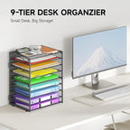 Cawukege 9 Tier Paper Organizer with Handle, Large Capacity Desk Organizer Mesh File Folder Letter Paper Tray Desktop Document Sorter for Classroom, School, and Office Accessories Organization - Grey