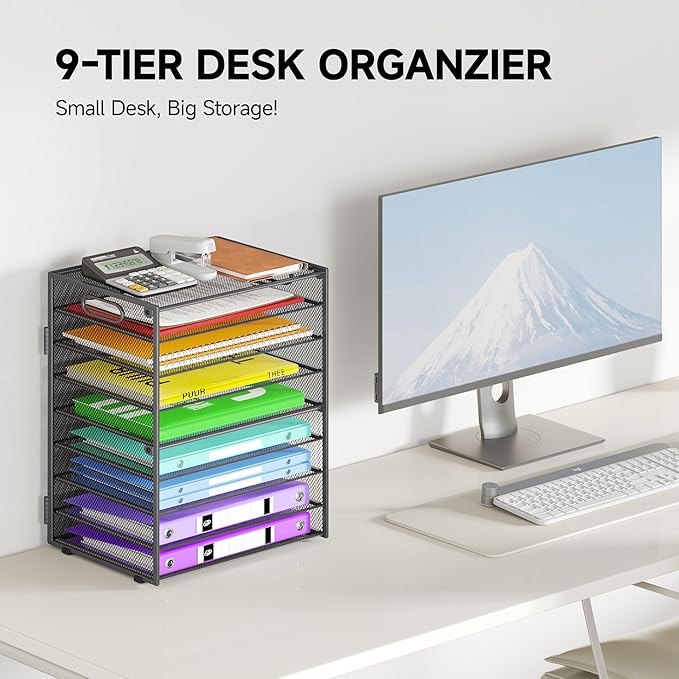 Cawukege 9 Tier Paper Organizer with Handle, Large Capacity Desk Organizer Mesh Paper Letter Tray File Folder Document Sorter for Classroom and Office Accessories Organization- Grey (2 Pack)